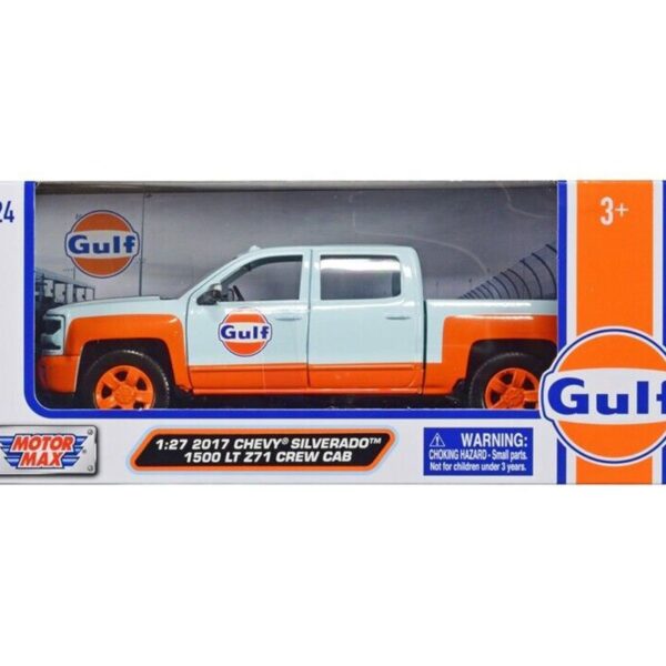 Motormax 1:27 2017 Chevrolet Silverado 1500 LT Z71 Crew Cab – Light Blue with Orange – Gulf