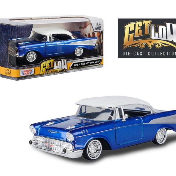Motormax 1:24 1957 Chevrolet Bel Air Lowrider – Blue with White Top â€“ Get Low
