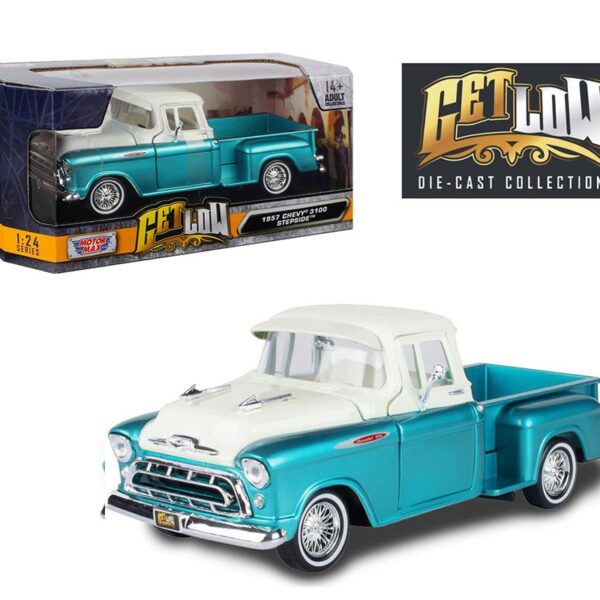Motormax 1:24 1955 Chevrolet Stepside Lowrider – Two-Tone Turquoise/White â€“ Get Low