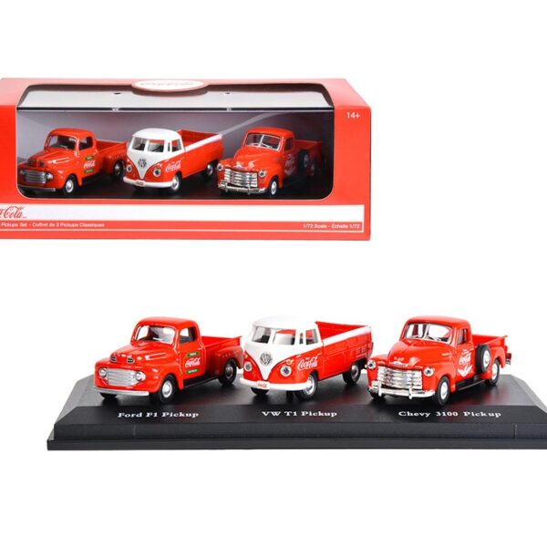 Motor City Classics 1:72 Coca-Cola Classic Pickups Gift Set – Chevrolet Pickup, Ford Pickup, Volkswagen T1 Pickup