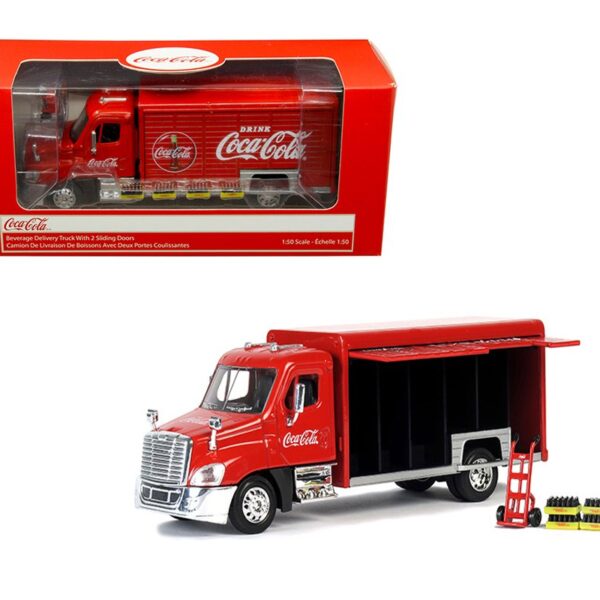 Motor City Classics 1:50 Coca-Cola Beverage Delivery Truck with 2 Sliding Doors & Accessories – Red