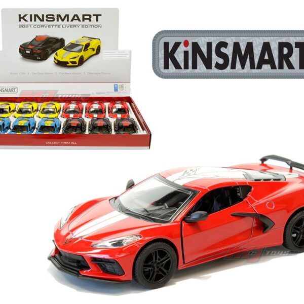 Kinsmart 1:36 2021 Chevrolet Corvette Stripes 5â€³ (KT5432DF) – Display Tray Set of 12