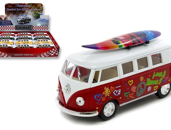 Kinsmart 1:32 1962 Volkswagen Bus with Surfboard Hawaii Design â€“ Display Tray Set of 12