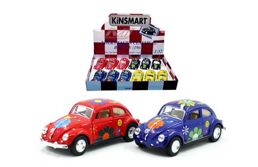 Kinsmart 1:32 1967 Volkswagen Classical Beetle Print Flowers 5â€³ â€“ Display Tray Box of 12