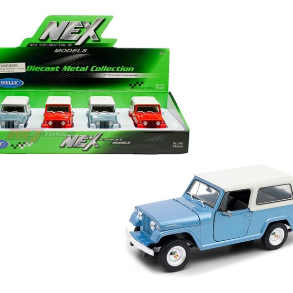 Welly 1:24 1967 Jeep Jeepster Commando Station Wagon – Blue, Red – Display Tray Set of 4