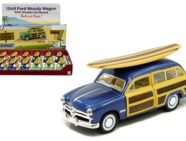Kinsmart 1:40 1949 Ford Woody Wagon with Surfboard 4.5″ – Display Tray Set of 12