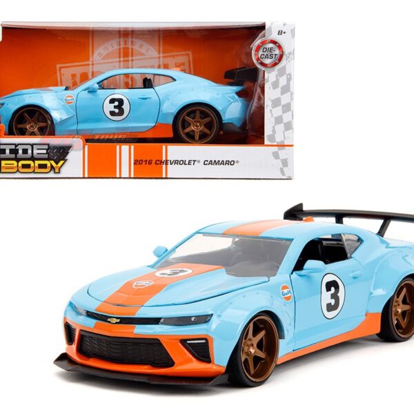 Jada 1:24 2016 Chevrolet Camaro Widebody – Light Blue and Orange – Gulf – Bigtime Muscle