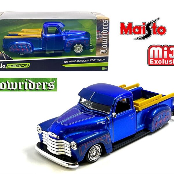 Maisto 1:24 1950 Chevrolet 3100 Pickup Truck Lowrider – Candy Blue- Design Lowriders- Mijo Exclusives