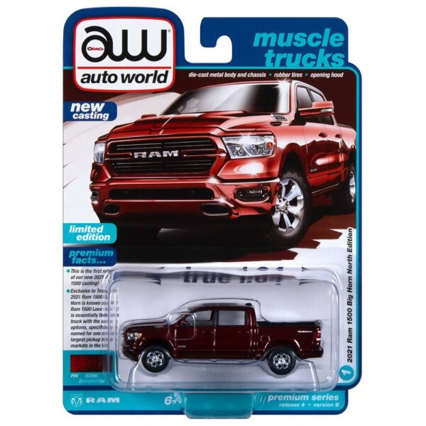 Auto World 1:64 2021 Ram 1500 Big Horn North Edition – Delmonico Red Pearl – Premium 2023 Release 4 Version B Limited Edition