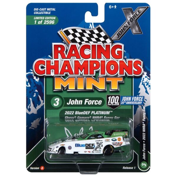 Racing Champions 1:64 John Force 2022 BlueDEF Platinum Chevrolet Camaro SS NHRA Funny Car – Green/White – Mint 2023 Release 1 Version B Limited Edition