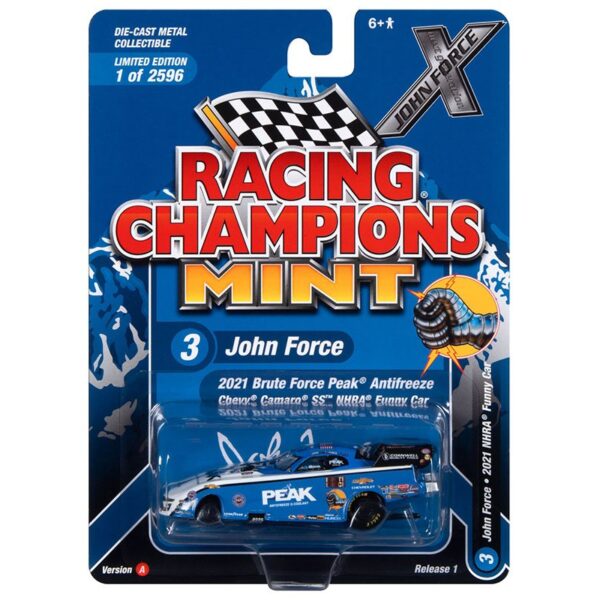 Racing Champions 1:64 John Force 2021 Brute Force Peak Antifreeze Chevrolet Camaro SS NHRA Funny Car – Blue/White – Mint 2023 Release 1 Version A Limited Edition