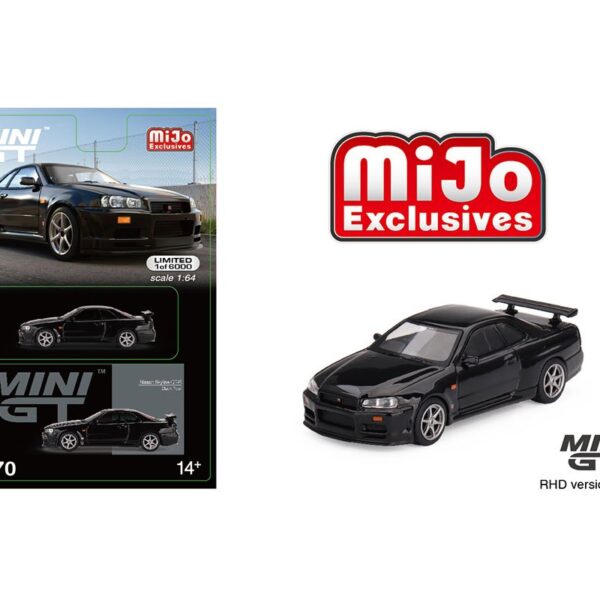 Mini GT 1:64 Nissan Skyline GT-R (R34) V-Spec – Black Pearl – Mijo Exclusives