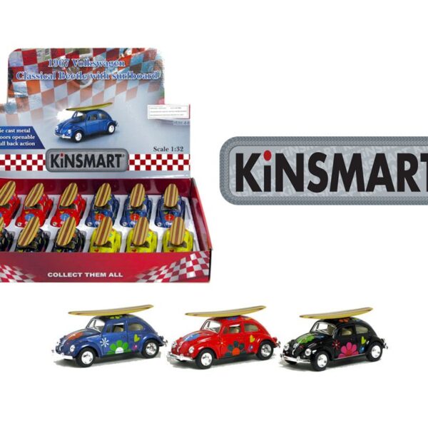 Kinsmart 1:32 1967 Volkswagen Classical Beetle with Flowers and Long Board 5â€³ – Display Tray Set of 12