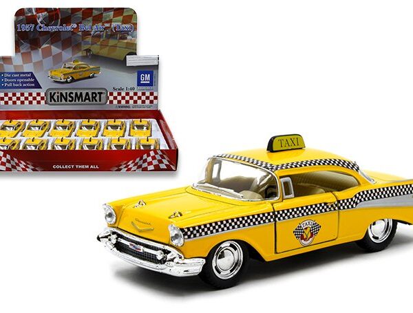Kinsmart 1:40 1957 Chevrolet Bel Air Taxi 5″ – Display Tray Set of 12