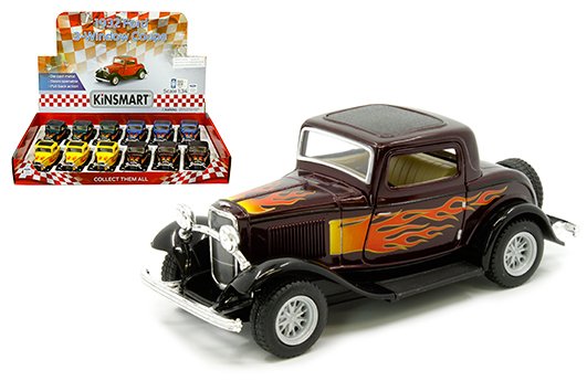Kinsmart 1:34 1932 Ford 3-Window Coupe with Flames 5â€³ â€“ Display Tray Set of 12