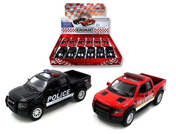 Kinsmart 1:46 2013 Ford F-150 SVT Raptor Supercrew Police & Fire Rescue 4.5â€³ – Display Tray Set of 12