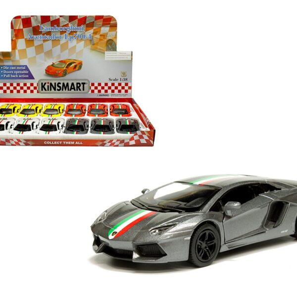 Kinsmart 1:38 Lamborghini Aventador LP700-4 with Stripes – Display Tray Set of 12