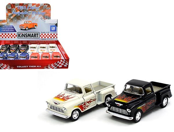Kinsmart 1:32 1955 Chevrolet Step-side Hot Rod Flames 5″ (KT5330DF) – Display Tray Set of 12