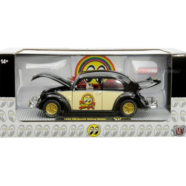 M2 Machines 1:24 1952 Volkswagen Beetle Deluxe Model Moon Equipped Mooneyes – Black/Cream with Red Interior