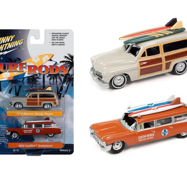 Johnny Lightning 1:64 Surf Rods 1950 Mercury Woody Wagon (Dakota Gray) & 1959 Cadillac Ambulance (Dull Red) – 2-Packs 2023 Release 2 Version B