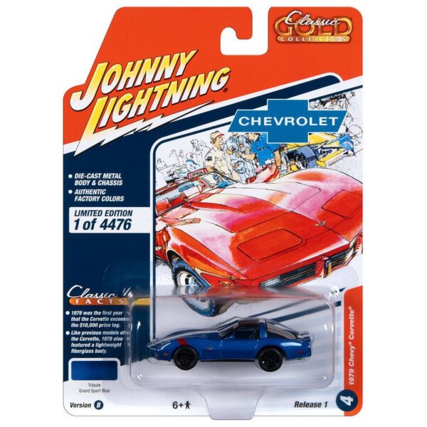 Johnny Lightning 1:64 Classic Gold 2023 Release 1 Version B – 1979 Chevrolet Corvette – Blue White Stripe – Solid Pack