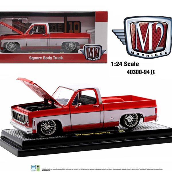 M2 Machines 1:24 1973 Chevrolet Cheyenne 10 Square Body Truck – Red With Bright White