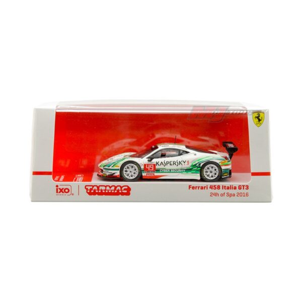 Tarmac Works 1:64 Ferrari 458 Italia GT3 – 24h of Spa 2016 #49 – S. Lemeret, R. Aguas, A Moiseeve, D. Rizzo – White with Green Stripes – ixo Models – Hobby64