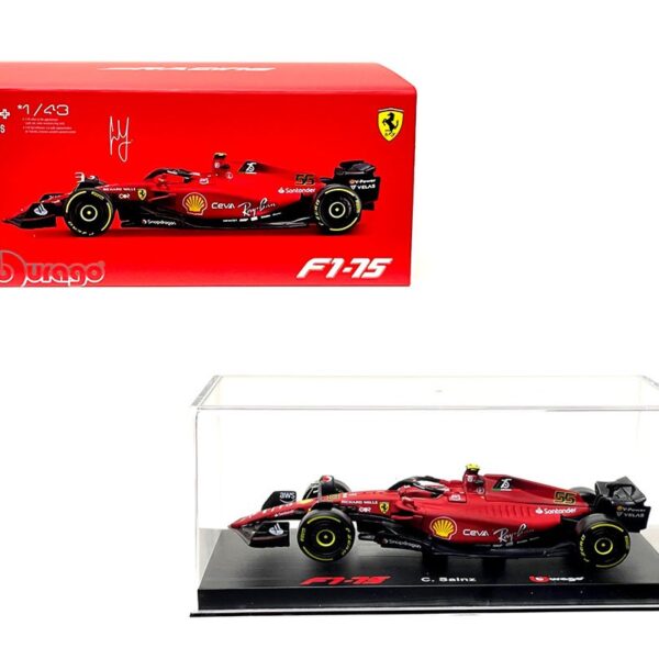 Bburago 1:43 2021 Ferrari Season Car #55 Carlos Sainz with Driver â€“ Plastic Case â€“ Ferrari Formula 1-75
