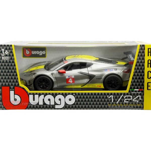 Bburago 1:24 2020 Chevrolet Corvette C8R – Grey Metallic with Yellow Stripes – Race Series