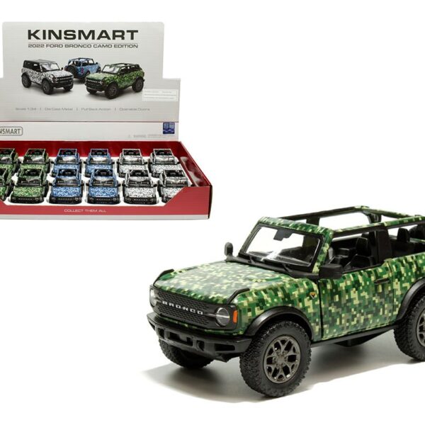 Kinsmart 1:34 2022 Ford Bronco Camo Edition Open Top (KT5445DA) – Display Tray Set of 12