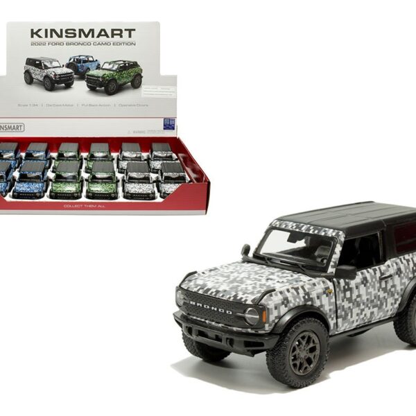 Kinsmart 1:34 2022 Ford Bronco Camo Edition Closed Top – 3 Colors Digital Camo – Display Tray Set of 12