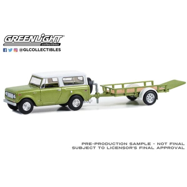(Preorder) Greenlight 1:64 Hitch & Tow Series 30 – 1970 Harvester Scout with Utility Trailer â€“ Lime Green Metallic with Alpine White Hardtop Solid Pack