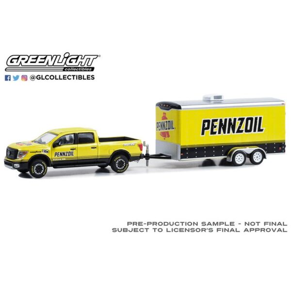 (Preorder) Greenlight 1:64 Hitch & Tow Series 30 – 2018 Nissan Titan XD Pro-4X with Enclosed Car Hauler â€“ Pennzoil Solid Pack
