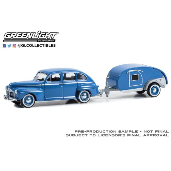 (Preorder) Greenlight 1:64 Hitch & Tow Series 30 – 1942 Ford Fordor Super Deluxe with Tear Drop Trailer â€“ Florentine Blue Solid Pack