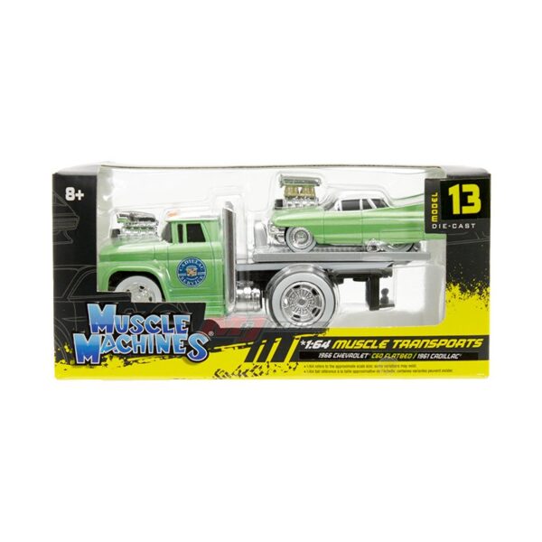 Muscle Machines 1:64 1966 Chevrolet C60 Flatbed & 1961 Cadillac – Green – Muscle Transports Model 13