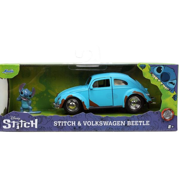 Jada 1:32 Volkswagen Beetle (Blue with Dirt) and Stitch Figure – Disney Stitch – Hollywood Rides