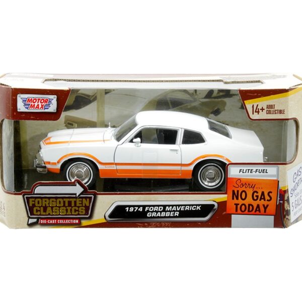 Motormax 1:24 1974 Ford Maverick Grabber – White with Orange Stripes – Forgotten Classics