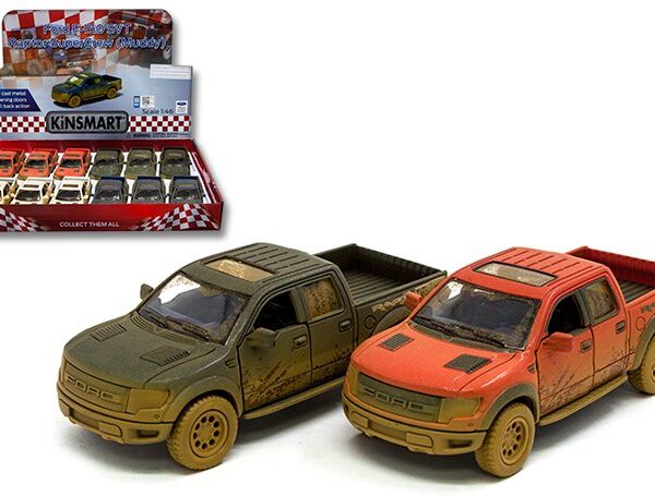 Kinsmart 1:46  2013 Ford F-150 SVT Raptor Supercrew Muddy 4.5″ (KT5365DY) – Display Tray Set of 12