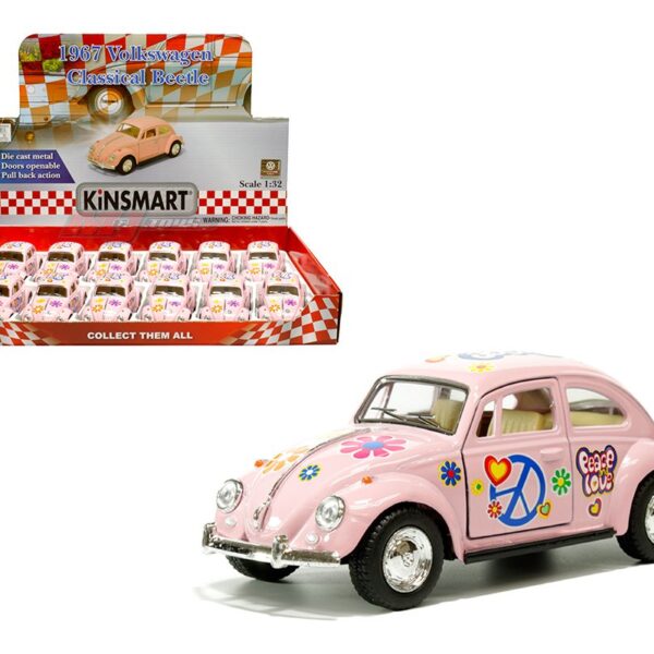 Kinsmart 1:32 1967 Volkswagen Classical Beetle Peace & Love – Pink – Display Tray Set of 12