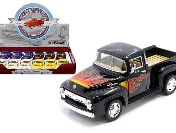 Kinsmart 1:38 1956 Ford F-100 Pick up Truck Fire Flames 5â€³ (KT5385DF) â€“ Display Tray Set of 12