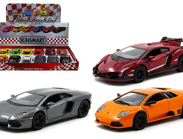 Kinsmart 1:36 Lamborghini Assortment â€“ 5â€³ â€“ Display Tray Set of 12