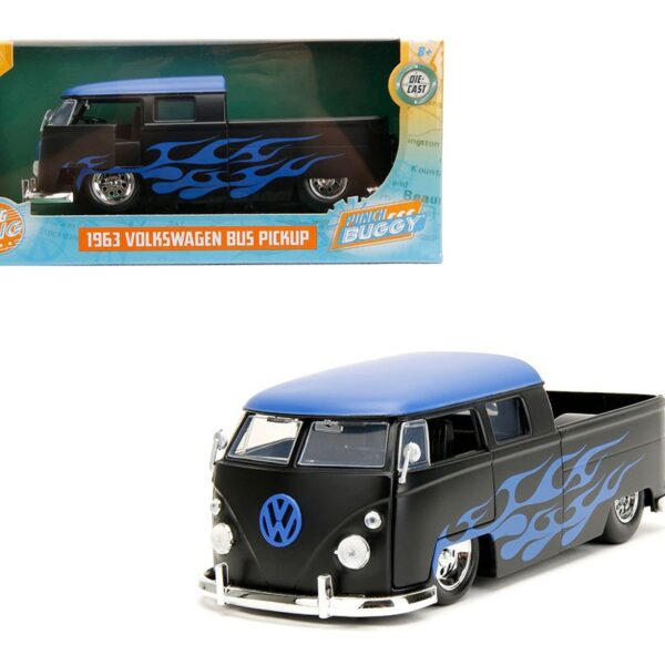 Jada 1:24 1963 Volkswagen Bus Pickup (Matte Black with Blue Roof and Flames) – Slug Bug – Punch Buggy