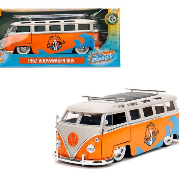 Jada 1:24 1962 Volkswagen Bus (Two-Tone White/Orange) “Surf Club” – Slug Bug – Punch Buggy