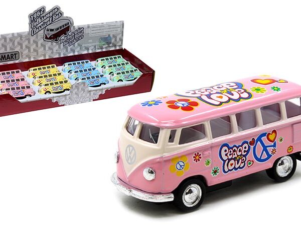 Kinsmart 2.5″1962 Volkswagen Classical Bus with Peace & Love Design 1:64 – Display Tray Set of 12
