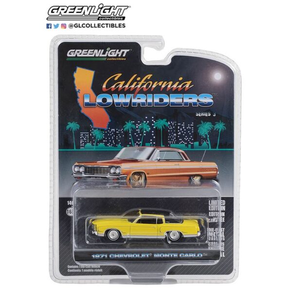 Greenlight 1:64 California Lowriders Series 3 -1971 Chevrolet Monte Carlo – Sunflower Yellow with Black Roof Solid Pack