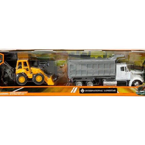 New Ray 1:43 International LoneStar Dump Truck (White) with Flatbed Trailer and Wheel Loader (Yellow)