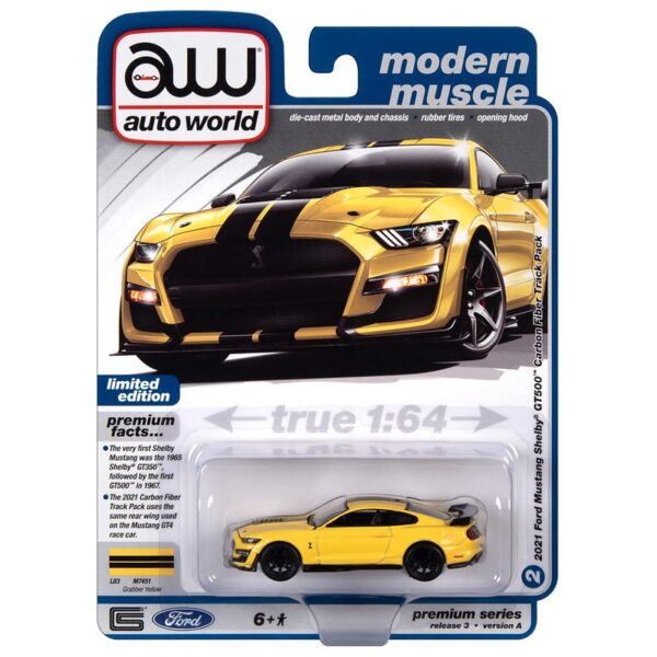 Auto World 1:64 2021 Ford Mustang Shelby GT500 Carbon Fiber Track pack  – Yellow – Premium 2023 Release 3 Version A