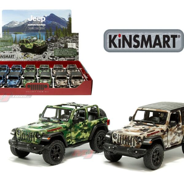 Kinsmart 1:34 2018 Jeep Wrangler Camo Edition (Open & Hard Top) – 3 Camouflage Colors – Display Tray Set of 12