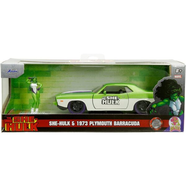 Jada 1:32 1973 Plymouth Barracuda & She-Hulk Figure – Green/White – Hollywood Rides