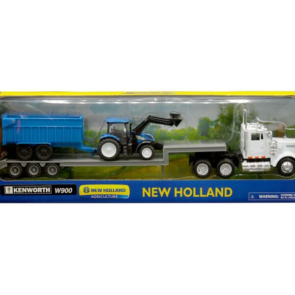 New Ray 1:43 Kenworth W900 Lowboy with New Holland Agriculture Tractor and Dump Trailer (White/Blue)